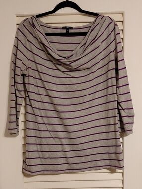 Y2K Gap Size L Gray & Purple Striped 3/4 Sleeve Top with Draped Cowl Neckline